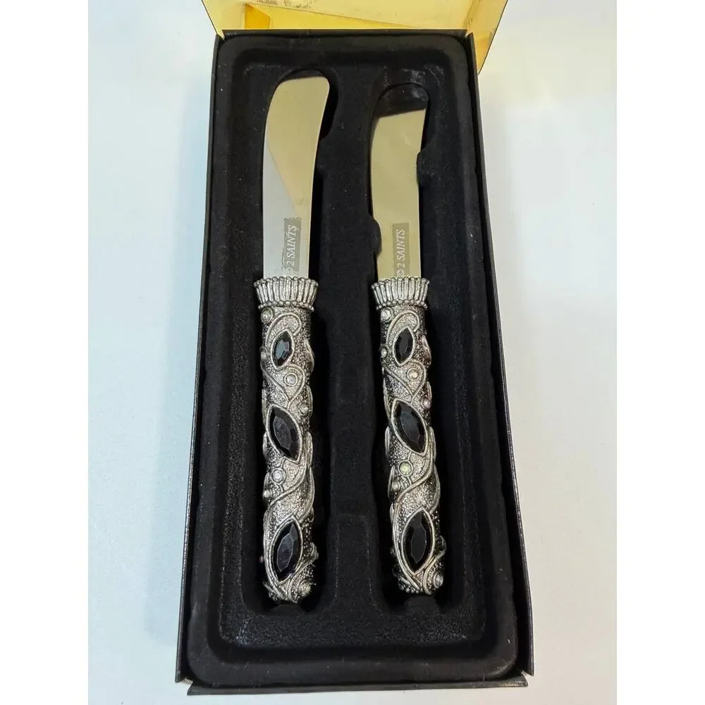 2 Saints Spreader Set 2 Pc Jeweled Handle Stainless Steel Knives In Box